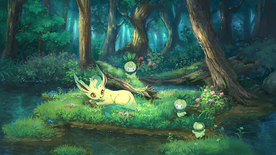 Leafeon and Pansage in a Lush Forest Clearing with a Gentle Stream HD wallpaper