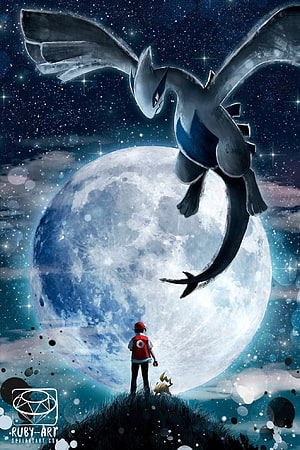 Lugia soaring above a trainer and Pichu against a giant moon in a starry night sky HD phone wallpaper
