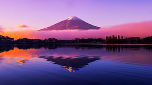 Mount Fuji Reflection in Lake at Sunset with Purple and Orange Sky HD wallpaper