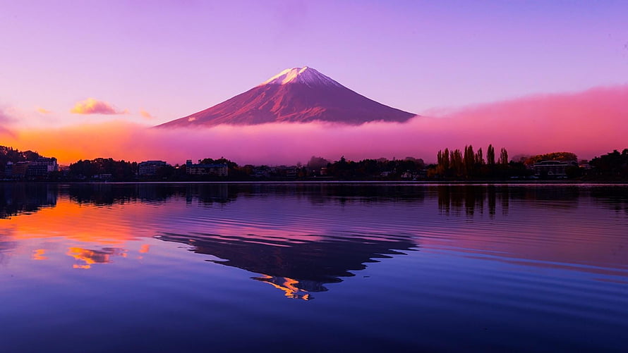 Mount Fuji Reflection in Lake at Sunset with Purple and Orange Sky HD wallpaper