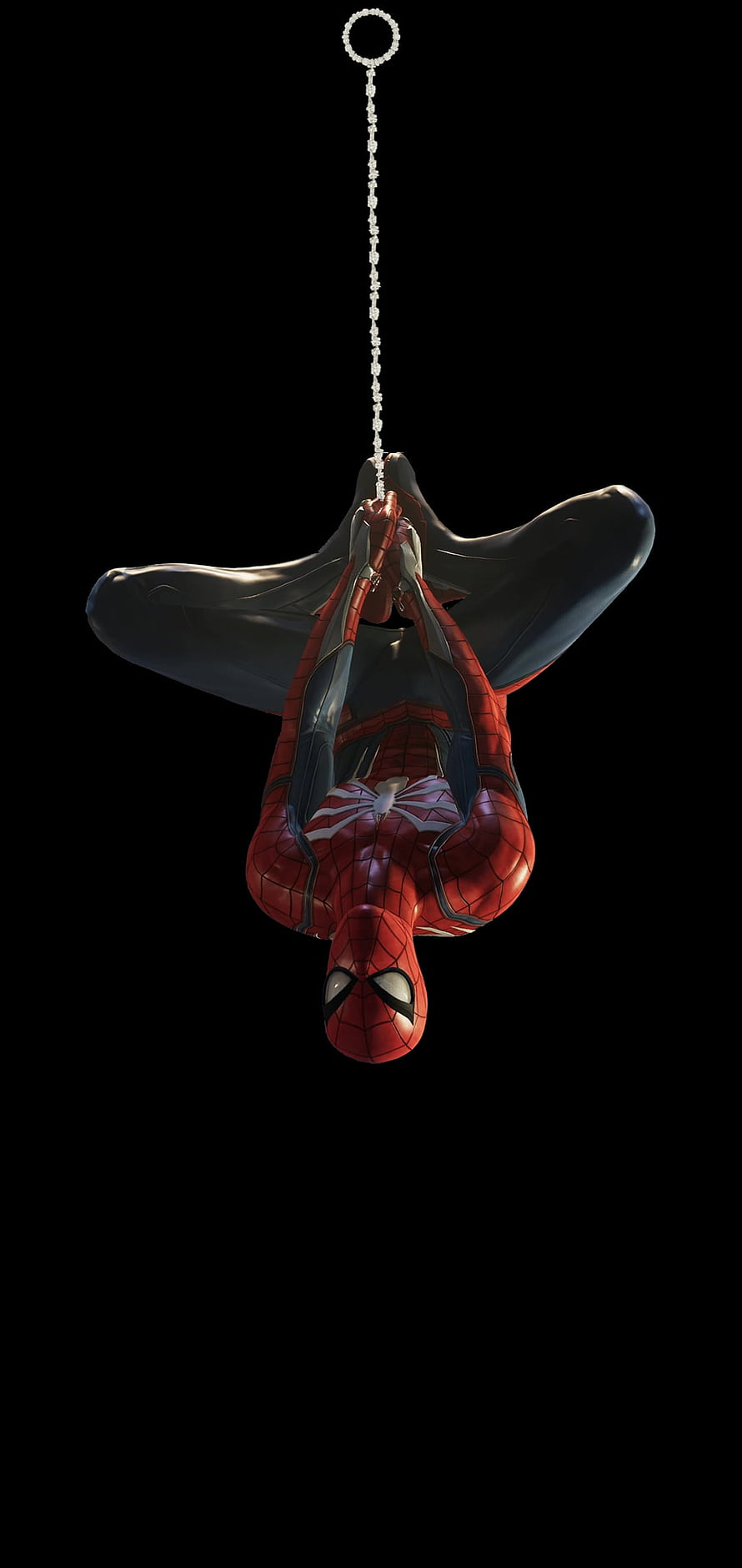 Spider-Man Hanging Upside Down in Classic Red and Blue Suit on Black Background, Spider Man Notch HD phone wallpaper