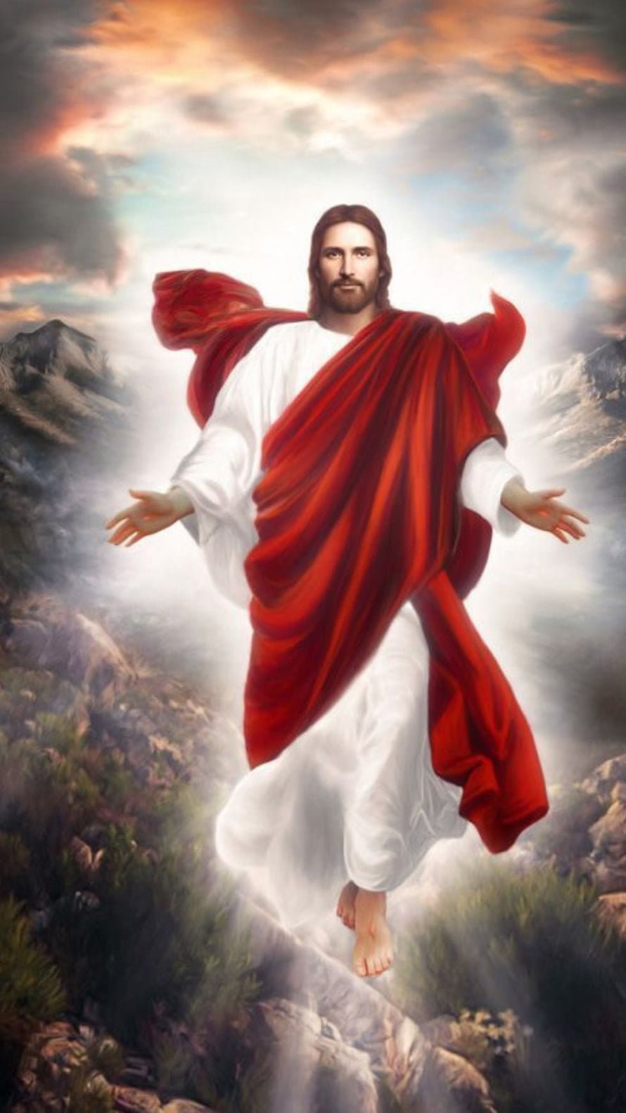 Jesus Christ Floating Above Mountains With Red Robe And Open Arms HD phone wallpaper