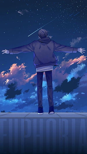 Anime Boy Standing With Arms Outstretched Under Starry Night Sky With Shooting Stars HD phone wallpaper