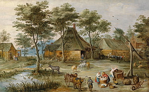Rustic Dutch Village Landscape with Thatched Cottages, Farm Animals, and Peasants Washing Clothes HD wallpaper