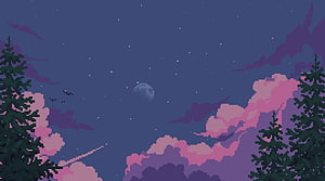 Pixel Art Night Sky With Pink Clouds, Pine Trees, And Shooting Star HD wallpaper