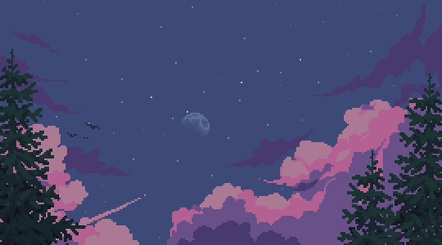 Pixel Art Night Sky With Pink Clouds, Pine Trees, And Shooting Star HD wallpaper