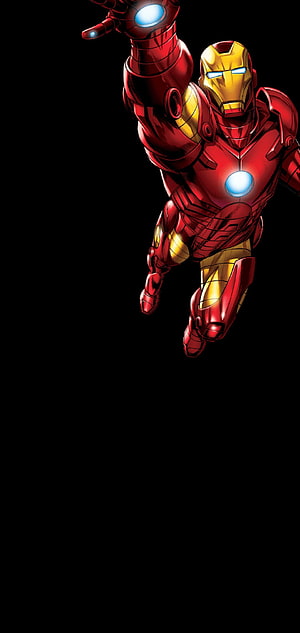Iron Man Flying Action Illustration with Glowing Repulsor Beams on Black Background, Middle Punch Hole, Punch Hole Center HD phone wallpaper