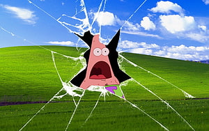Patrick Star Breaking Through Cracked Glass Over Green Rolling Hills and Blue Sky HD wallpaper