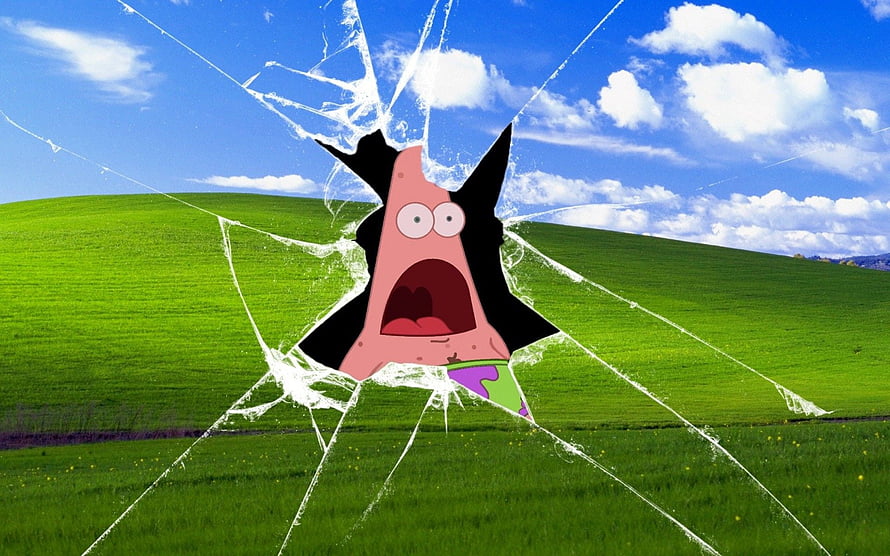 Patrick Star Breaking Through Cracked Glass Over Green Rolling Hills and Blue Sky HD wallpaper