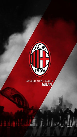 AC Milan Football Club Crest with Red Diagonal Banner and Stadium Crowd Silhouette HD phone wallpaper