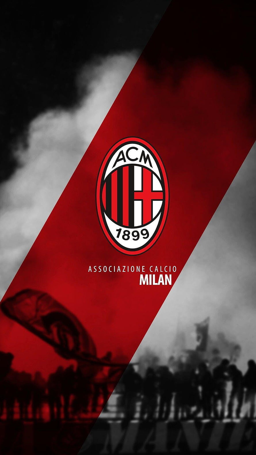 AC Milan Football Club Crest with Red Diagonal Banner and Stadium Crowd Silhouette HD phone wallpaper