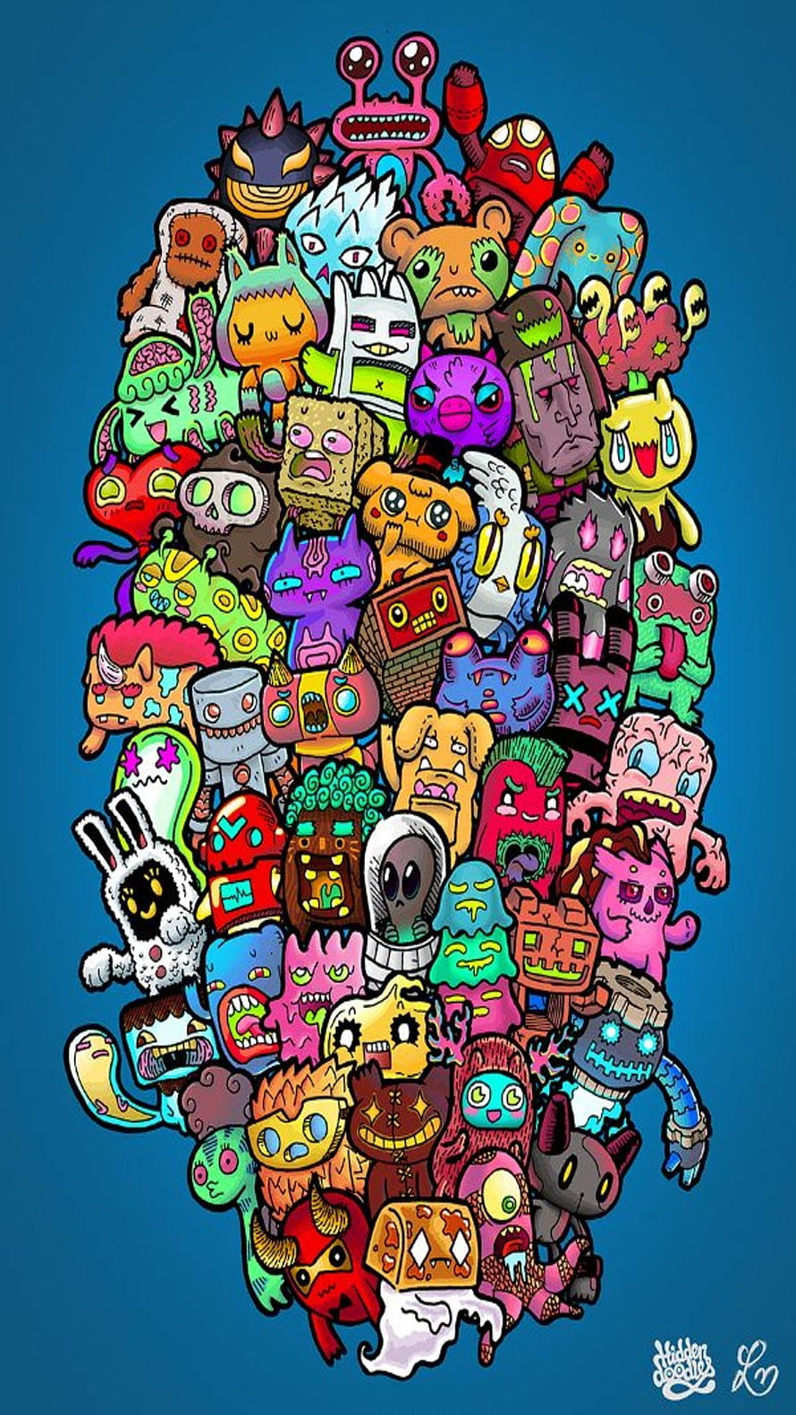 Colorful Doodle Art Monster Collection on Blue Background HD phone wallpaper