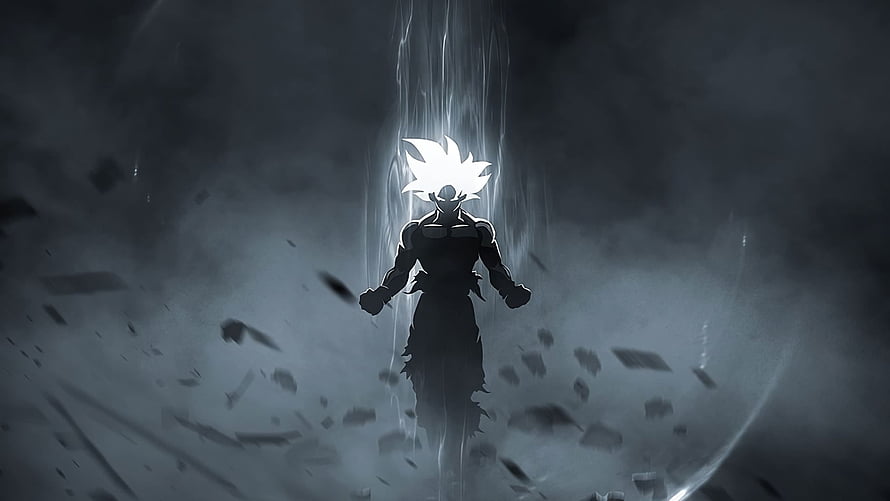 Silhouette of Goku Ultra Instinct with White Hair and Energy Aura HD wallpaper