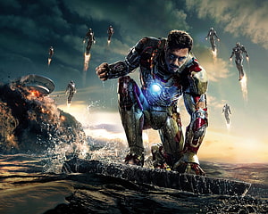 Iron Man in battle armor crouching on rocky terrain with flying suits in the background, Iron Man 3D ( px) HD wallpaper