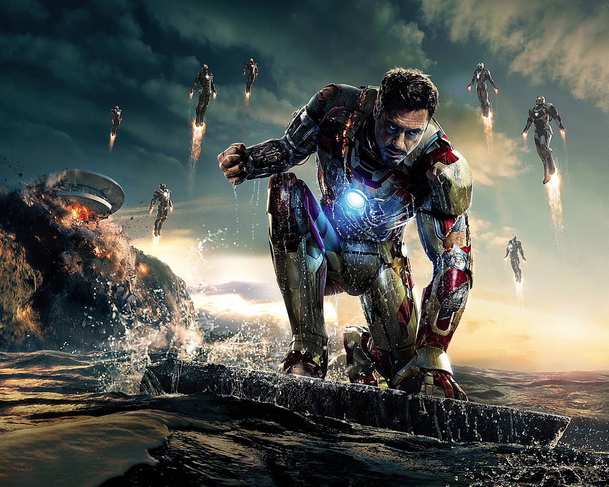 Iron Man in battle armor crouching on rocky terrain with flying suits in the background, Iron Man 3D ( px) HD wallpaper