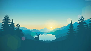 Minimalist Vector Deer Silhouette in Mountain Forest Landscape at Sunset HD wallpaper