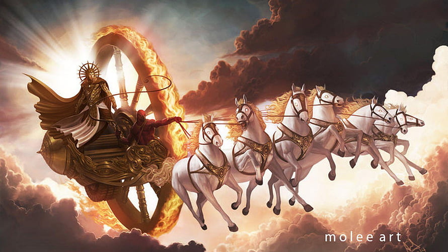 Sun God Surya Riding a Golden Chariot Pulled by Seven White Horses Through Clouds HD wallpaper