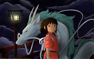 Chihiro and Haku on a Bridge at Night in Studio Ghibli's Spirited Away HD wallpaper