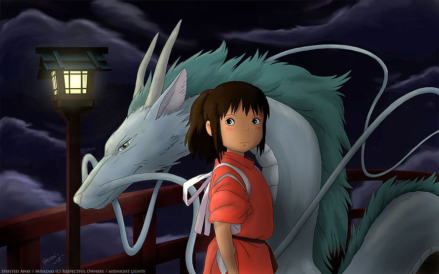 Chihiro and Haku on a Bridge at Night in Studio Ghibli's Spirited Away HD wallpaper