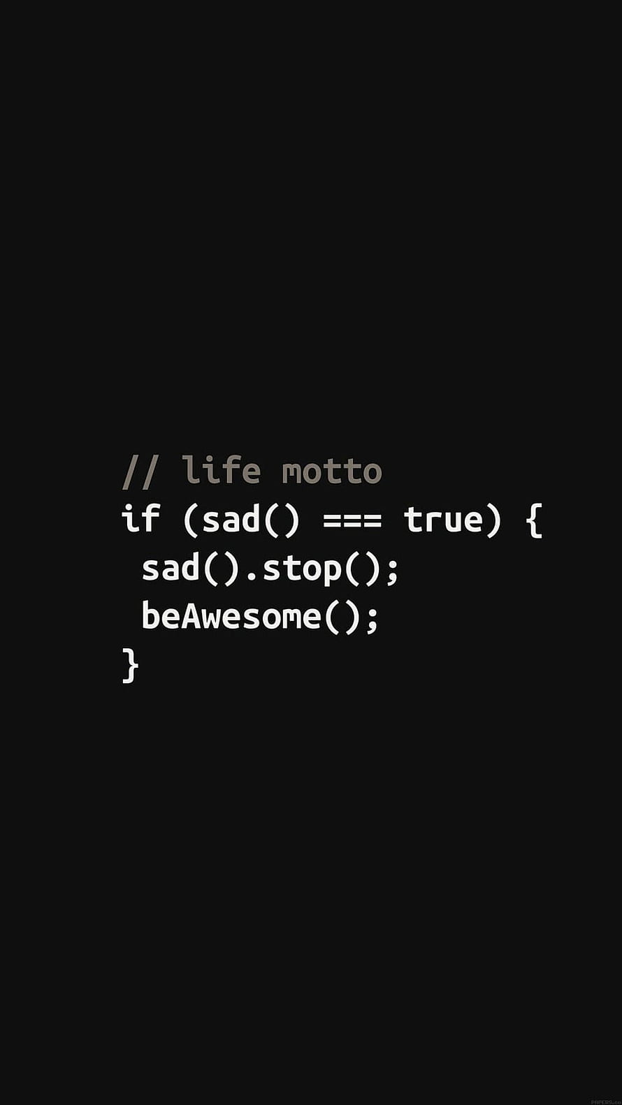 Minimalist coding snippet with a motivational life motto on a dark background HD phone wallpaper