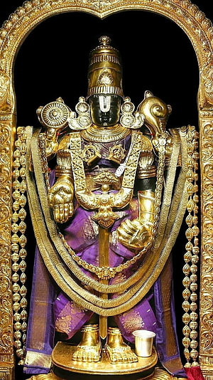 Tirupati Balaji Temple Idol Adorned in Gold and Purple Silk Garments HD phone wallpaper