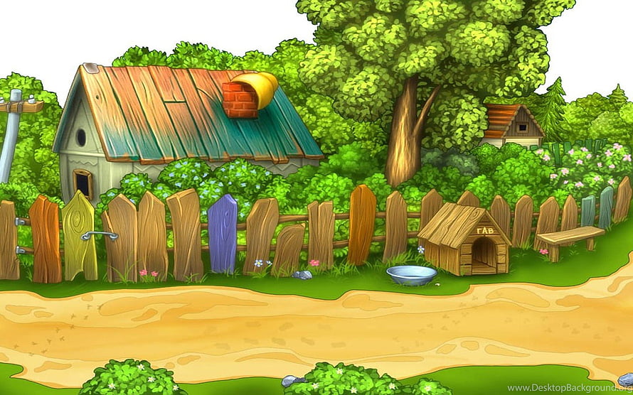 Cartoon Countryside Scene With Rustic House, Wooden Fence, Dog House, and Lush Green Trees HD wallpaper
