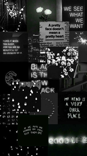 Dark Monochrome Aesthetic Collage Featuring Neon Text, Floral Elements, and Moody Urban Night Scenes HD phone wallpaper