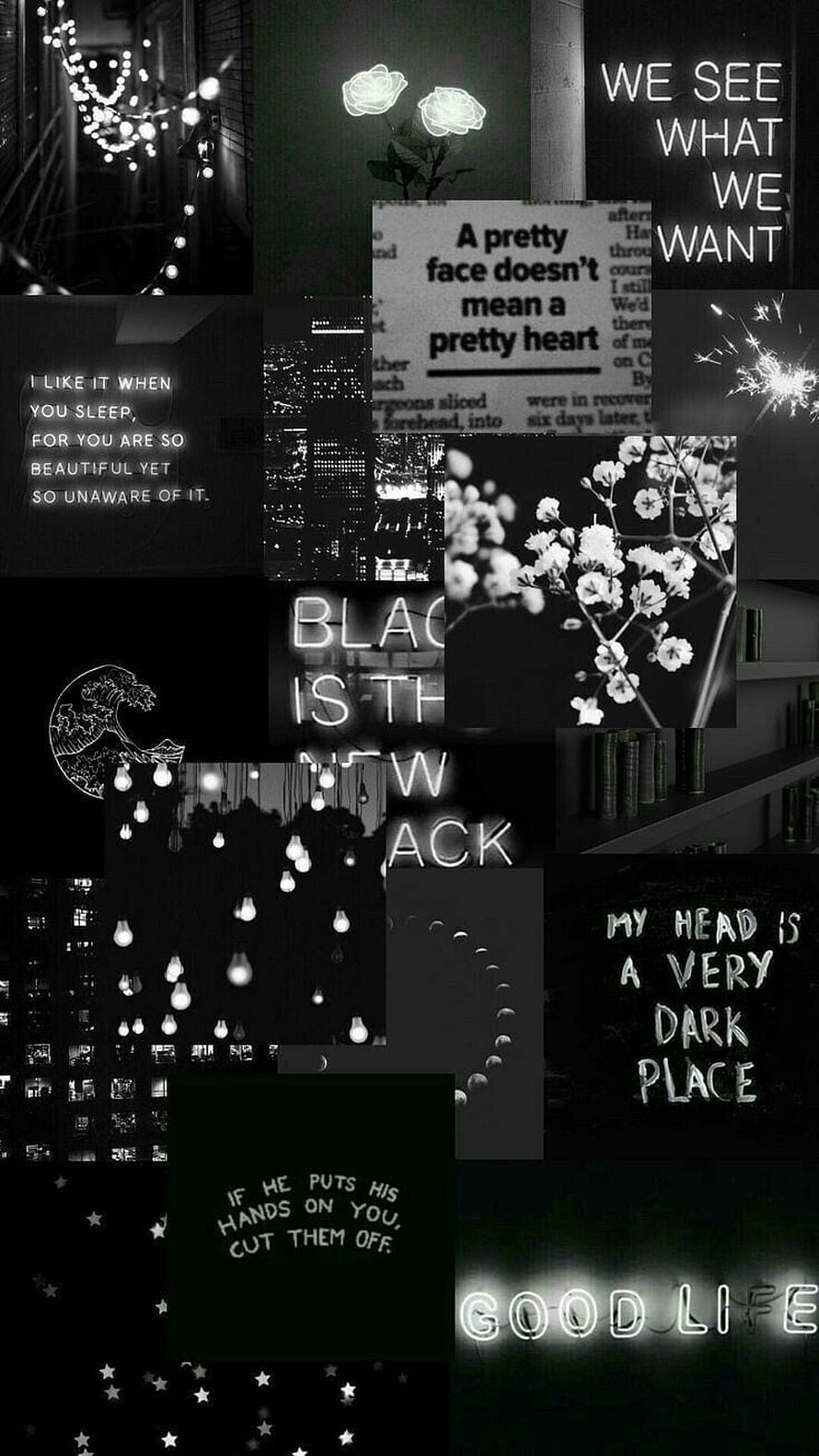 Dark Monochrome Aesthetic Collage Featuring Neon Text, Floral Elements, and Moody Urban Night Scenes HD phone wallpaper