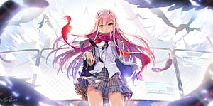 Zero Two from Darling in the Franxx in School Uniform with Red Scarf and Dark Birds HD wallpaper