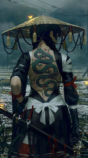 Female Samurai with Dragon Tattoo and Straw Hat in Rainy Atmosphere HD phone wallpaper