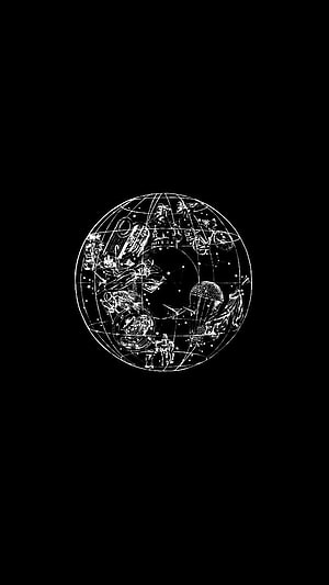 Intricate White Line Art Sphere with Vintage Illustrations on Black Background HD phone wallpaper