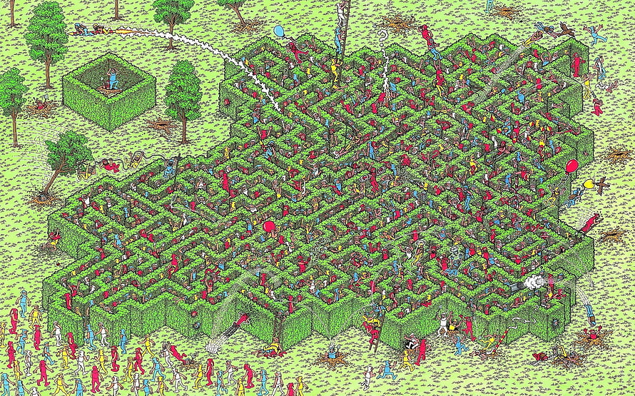 Where's Waldo Hidden in a Chaotic Hedge Maze with Hundreds of Tiny Figures HD wallpaper