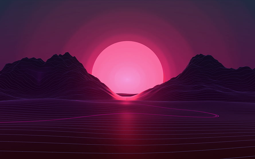 Neon Pink Synthwave Sunset Over Wireframe Mountains and Grid Horizon HD wallpaper