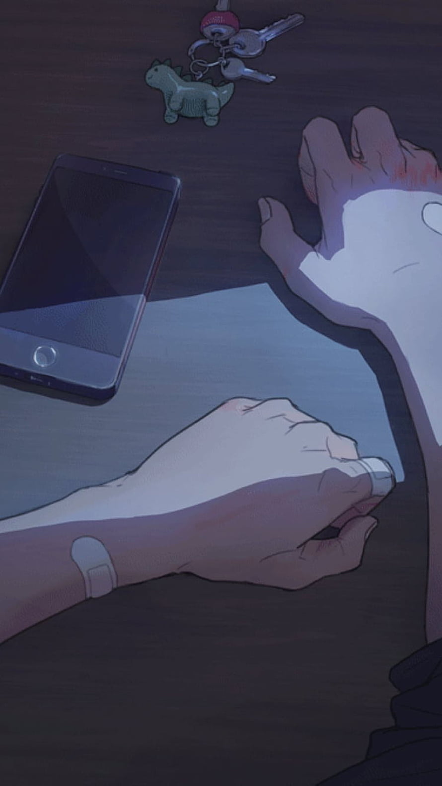 Anime Style Hands Holding Paper With Smartphone And Dinosaur Keychain On Table HD phone wallpaper