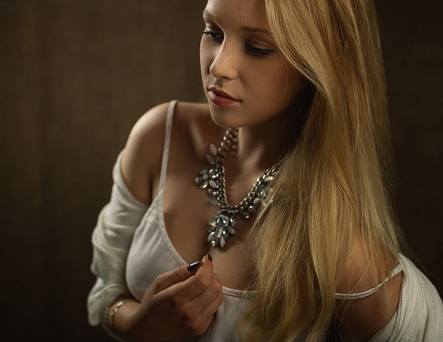 Blonde Woman Wearing Statement Necklace and White Top, Blonde, Girl, Beautiful, Woman, Model, Lovely, female HD wallpaper