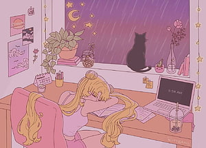 Cozy Anime Girl Sleeping at Desk with Black Cat Watching Rainy Night Window HD wallpaper