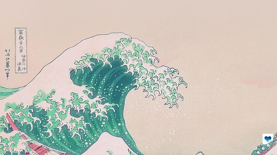 Traditional Japanese Ukiyo-e Wave Print with Green Foam and Calligraphy HD wallpaper