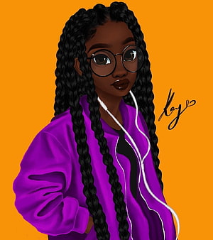 Digital illustration of a young woman with long braids, round glasses, and a purple jacket against an orange background, Amazing Drawing Hairstyles For Characters Ideas in 2020. Black girl art, Black girl cartoon, Drawings of black girls, Afro Hair HD phone wallpaper