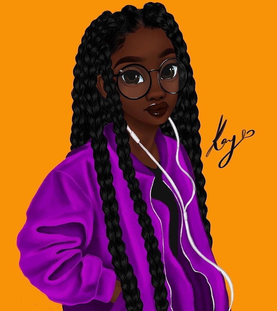 Digital illustration of a young woman with long braids, round glasses, and a purple jacket against an orange background, Amazing Drawing Hairstyles For Characters Ideas in 2020. Black girl art, Black girl cartoon, Drawings of black girls, Afro Hair HD phone wallpaper