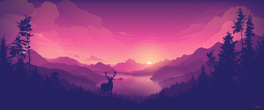 Stylized Deer Silhouette in Purple Mountain Landscape at Sunset HD wallpaper