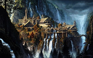 Rivendell in the Misty Mountains with Waterfalls and Gothic Architecture HD wallpaper
