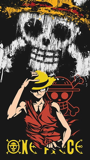Monkey D. Luffy in Straw Hat and Red Vest with Jolly Roger Skull Behind HD phone wallpaper