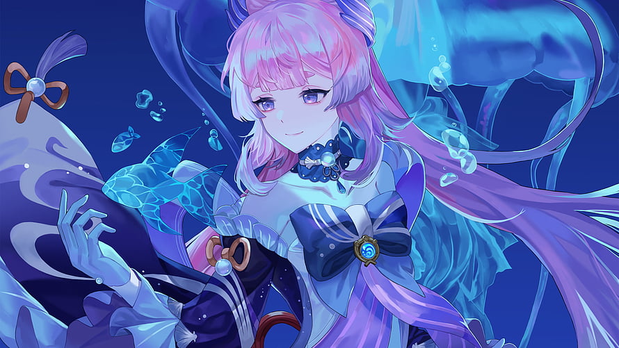 Sangonomiya Kokomi in Blue Dress with Pink Hair from Genshin Impact HD wallpaper
