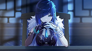Yelan from Genshin Impact in a contemplative pose with blue hair and white fur collar HD wallpaper