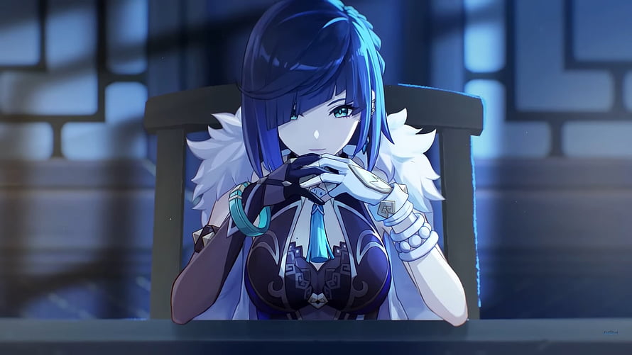 Yelan from Genshin Impact in a contemplative pose with blue hair and white fur collar HD wallpaper