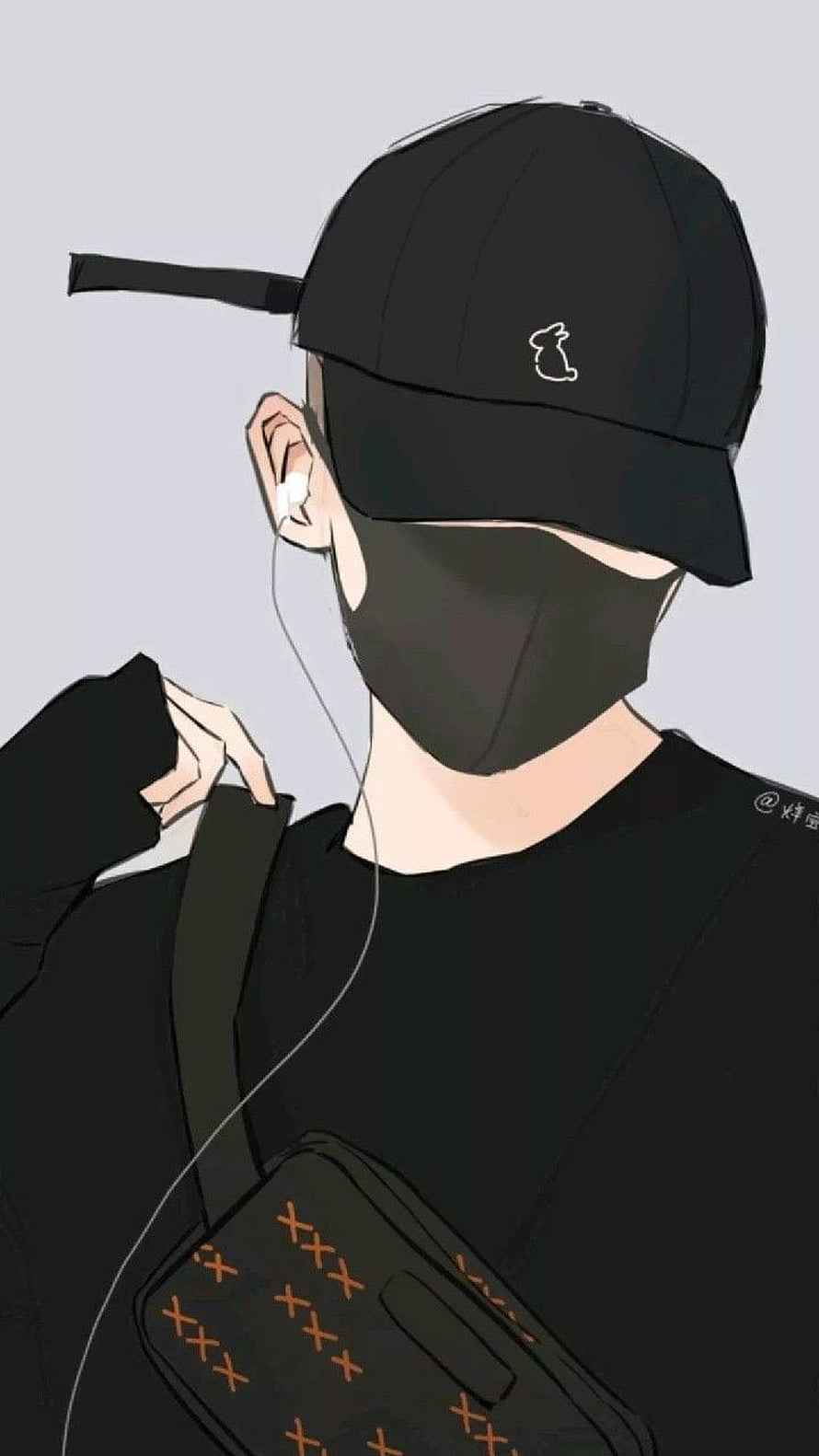 Anime Boy In Black Cap And Mask With Earphones And Crossbody Bag HD phone wallpaper