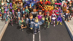 Roblox Characters Group Photo on Street with Diverse Avatars and Creatures HD wallpaper