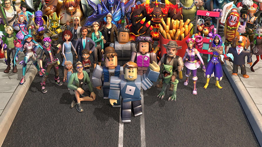 Roblox Characters Group Photo on Street with Diverse Avatars and Creatures HD wallpaper
