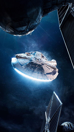 Millennium Falcon Starship Cruising Through Deep Space Amidst Nebulae and Distant Stars HD phone wallpaper