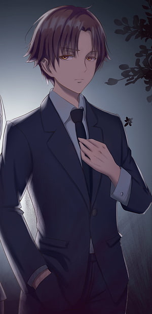 Anime Male Character in Dark Business Suit with Tie and Muted Background HD phone wallpaper